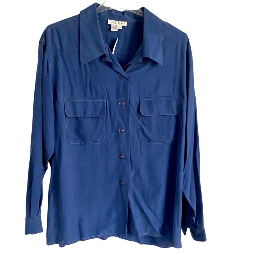 Alex New York Silk Blue Long Sleeve Button Up Shirt Women's Size 16